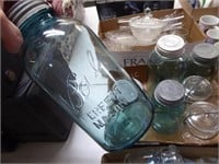 Vintage green & clear canning jars w/ lids