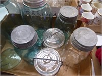 Vintage green & clear canning jars w/ lids