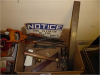 Tools w/ saws, hammer, T & misc.