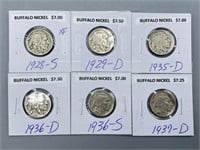 Six Mint Marked Buffalo Nickel Coins