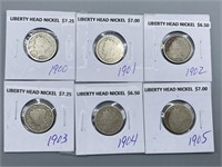 Six Various Dates Liberty Head Nickel Coins