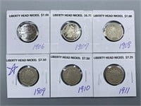 Six Various Dates Liberty Head Nickel Coins
