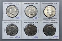 Six Various Dates Eisenhower Dollar Coins