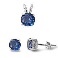 Round Cut 2.00ct Blue Sapphire Pendant & Earrings