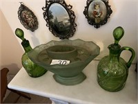 GREEN FROSTED VASE WITH FROG & VICT. DECANTERS