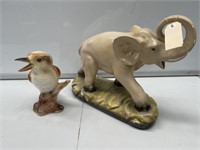 Plaster Elephant Statue and Porcelain Kookaburra.