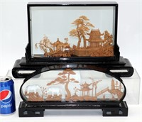 2 Vintage Chinese Cork Dioramas w Lacquer Display
