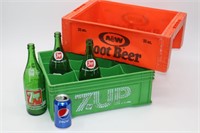 2 Vintage Plastic Soda Crates & 3 7UP Bottles