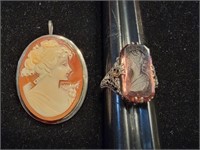 Cameo pin w/ sterling band & sterling ring with