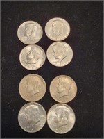 8 Kennedy half dollars two 1964sm, 1966 1969,