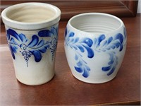 2 Eldreth Pottery crocks decorated blue look at