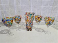 Colorful Glass Pitcher & Four Goblets