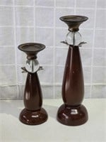 Pair of Heavy Wood & Glass Candle Holders