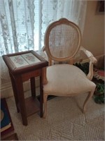 White wash finish padded chair with wicker back