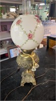 Electrified Oil Lamp with Rose Painted Ball Shade