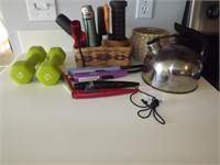 5 lb Weights, Teakettle, Flashlights and misc