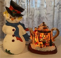 Lighted Christmas Snowman & Teapot Decor