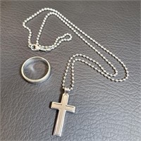 Stainless Steel Men's Band Ring and Cross Necklace