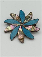 Sterling turquoise and mother of pearl Brooch