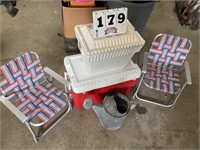 To Childs lawn chairs, watering can, and coolers