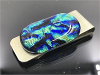 Silver Fused Blue Dichroic Glass Money Clip