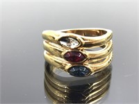 18k Gold HGE Red, White and Blue Stone Ring