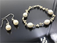 Sterling Silver & Pearl Bracelet and Earrings Set