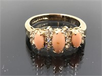18k Gold HGE Coral & Swarovski Crystal Ring