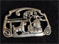 Sterling brooch. Lady w/ dog by a tree.  Weight