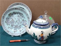 Quimper Teapot, Adams Plates, & Gien Covered Plate