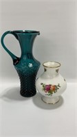 Royal Albert Vase and Blue Glass Pitcher