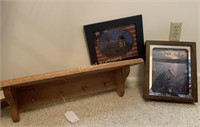Wood shelf,  Americana picture and clock