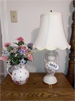 Small lamp and pitcher with flowers