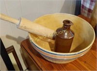 Crock bowl and bottle, rolling pin
