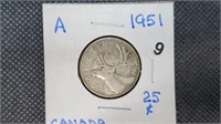 1951 Silver Canadian Quarter pw1009