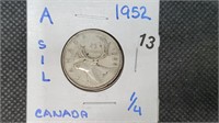 1952 Silver Canadian Quarter pw1013