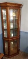 Corner Oak Lighted Curio with Glass Shelves