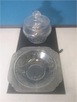 Lidded Jam pot and depression glass bowl