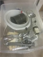 Rubber tote of kitchenware and a couple of