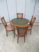 LEATHER TOP GAMES TABLE WITH 4 CANE BACK CHAIRS