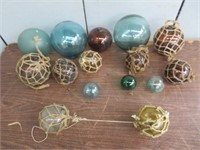 14 JAPANESE GLASS FISHING FLOATS IN BIN