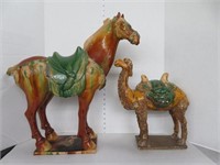 ORIENTAL POTTERY TANG HORSE & CAMEL FIGURES
