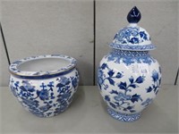 ORIENTAL BLUE & WHITE POTTERY PLANTER & JAR