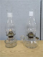 PAIR GLASS OIL LAMPS W/ GLASS SHADES