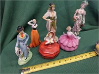 6pc - Two (2) Dresser Jars, Four (4) Lady Figurine