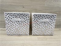 2 white with gold polka dot collapsible bins