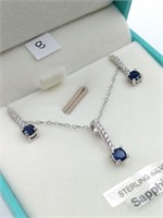 .925 Silver Sapphire & CZ Earrings Pendant & Chain