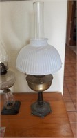 Antique Oil Lamp W/ White Globe, Sm Crack On Top