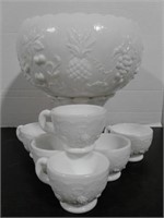Milk Glass Punch Bowl & Cups