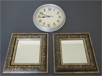 2 Small Mirrors & Clocks 9"